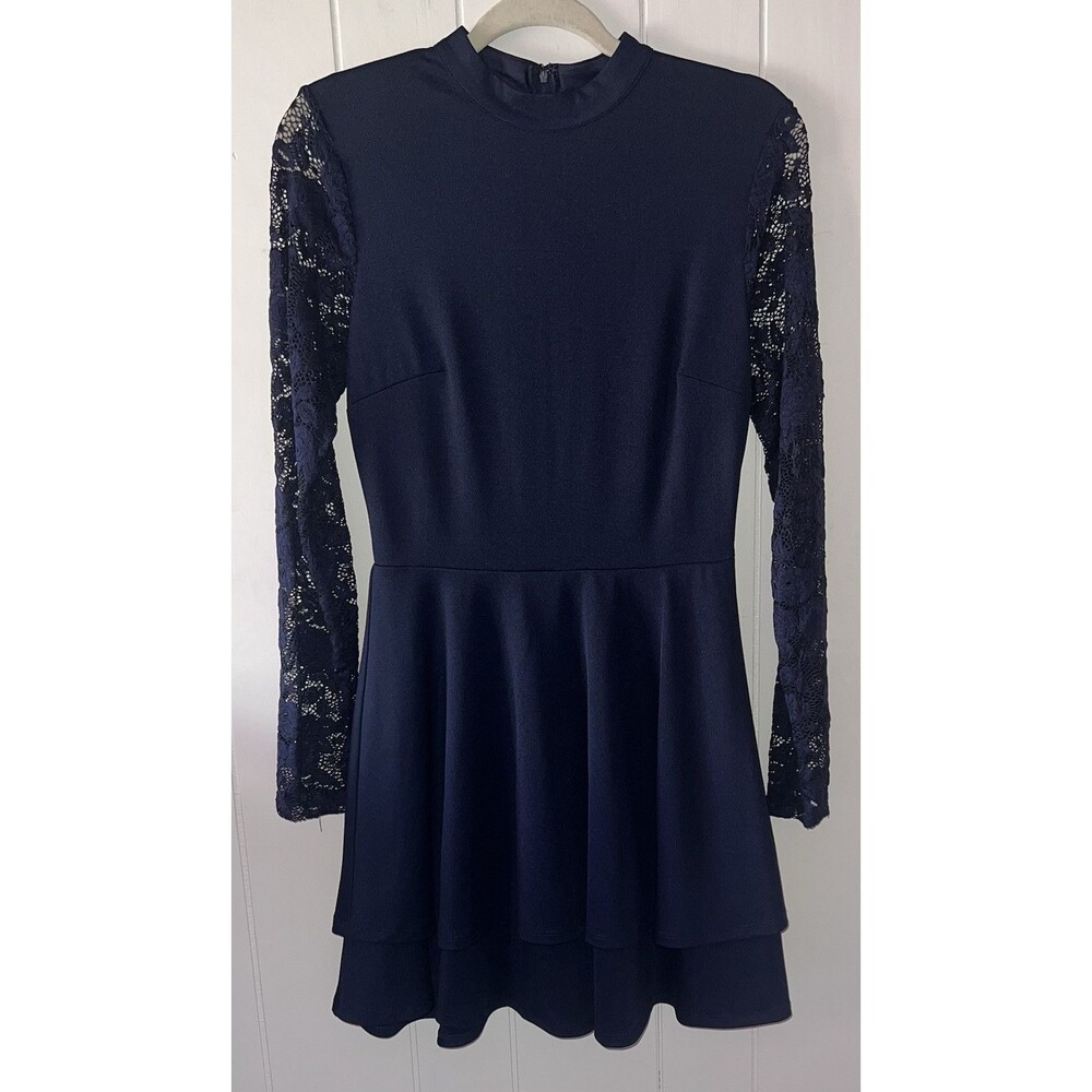 City Studios Navy Mockneck Dress With Lace Sleeves and Tiered Skirt Measured XS
